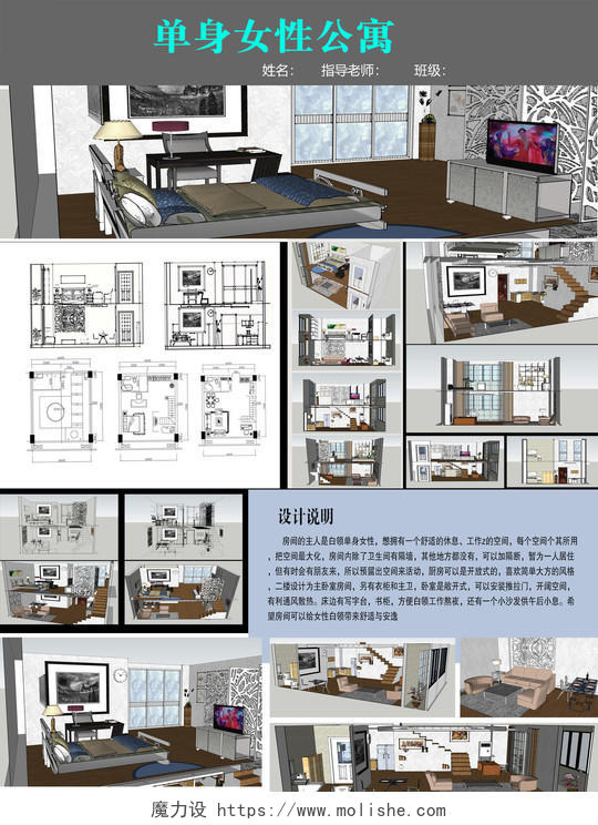 单身女性公寓室内装修设计平面效果图展示海报模板